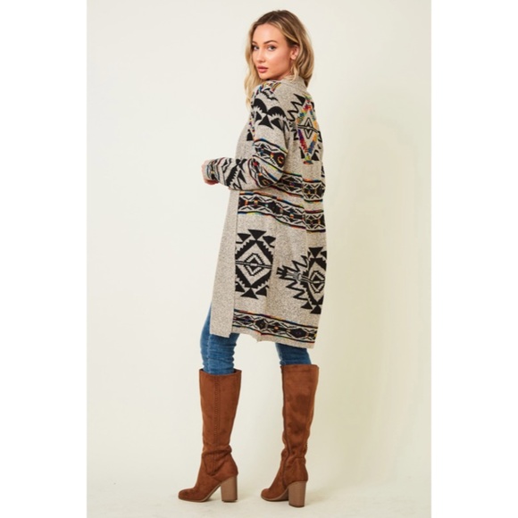 Taupe Multi Color Aztec Tribal Native Western Boho Open Cardigan Sweater - Picture 4 of 10